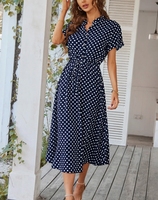 Dress kancing depan tali serut wanita, Cetak