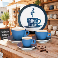 Ensemble tasse et soucoupe à café en porcelaine artisanale bleu mat 250 ml, moderne, LEXI, durable, pour la maison, le café, l'hôtel, logo personnalisé, cadeau, décoration de table