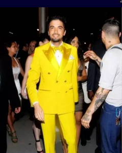 Leuchtend gelbe Satin Revers Männer Anzüge Mantel Hose Design Kostüm Homme <span class=keywords><strong>2</strong></span> Pcs Slim Fit Bräutigam Prom Blazer Masculino (Jacke Hosen) - Product Image 3