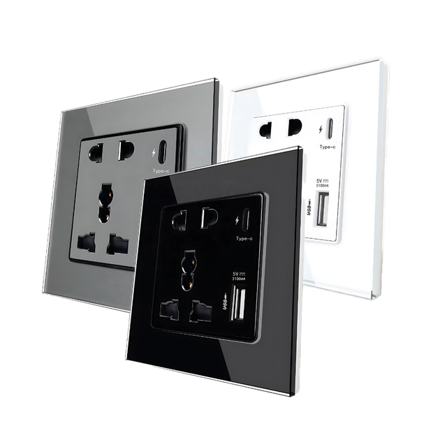 International Universal Five-Hole Wall Socket Type-C Interface Smart Quick Charge USB Port Crystal Glass Panel Power Switch