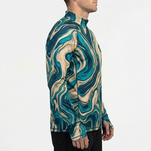 100% Polyester Men's Long Sleeve Quick Dry UPF 50 Anti-UV Hooded Fishing Shirt Green Marble Swirl <b>Print</b> Mock Neck Pullover <b>Top</b> - Product Image 2