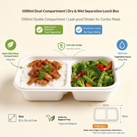 Boîte à lunch jetable écologique en bagasse de canne à sucre, blanche, à double compartiment, pour la préparation de repas, à emporter, pour salades, vente en gros