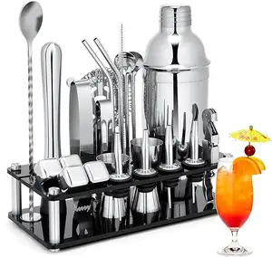 Cocktail Shaker Set Bartender Kit With Acrylic Stand Cocktail Recipes Booklet Professional Bar Tools For Drink Mixing