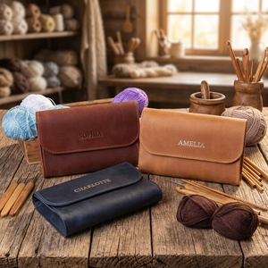 Porte-aiguilles et étui en cuir véritable et coton pour crochet, motif floral, organisateur de sac à crochet, étui et organisateur pour aiguilles à tricoter - Product Image 4