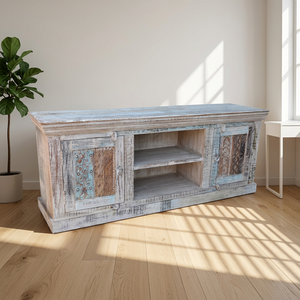 Rustic Distressed White Wood <b>TV</b> <b>Stands</b> <b>Tv</b> Cabinet With 2 Doors And Shelves Storage Buffet Cabinet For Living Room <b>Bedroom</b> Hotel - Product Image 1