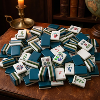 Jeu de Mahjong américain 4 couches à rayures motif paon oriental, tuiles en acrylique blanc, vert, bleu, beige, cadeau de Mahjong pour fête ou mariage