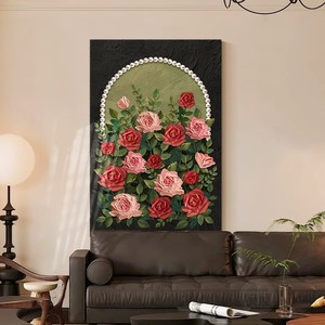 Peinture à l'huile peinte à la main, toile d'art floral vintage avec roses, décoration murale pour salon, fond de canapé, style minimaliste moderne - Product Image 2