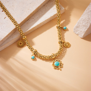European American Style Retro Metal Blue Turquoise Four Leaf Clover Tree Of Life Pendant Stainless Steel Chain Necklace - Product Image 2
