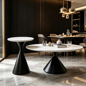 Ensemble de tables basses gigognes rondes modernes avec plateau en marbre, design minimaliste pour salon, base noire - Product Image 6