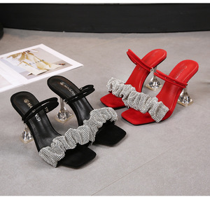 Sandales pour femmes, deux modes de portage, 34-46, talon à paillettes et strass, mules d'été à bout carré - Product Image 3