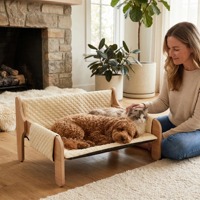 Großhandel Umweltfreundliches Sommer-Haustierbett: Bequemes, Weiches Indoor-Bett für Katzen und Hunde, Abnehmbar, Waschbar, MDF, Klein, Holz, Polyesterfüllung