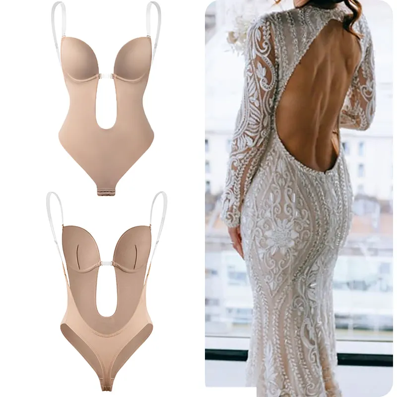 Langqin Wholesale Seamless U Plunge Backless Thong Bodysuit Shapewear For Women Invisible Under Dress Plunge Bra Body Suit
