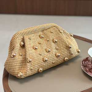 Fashion Women's Woven <b>Straw</b> Handbag Chain Crossbody Shoulder <b>Bag</b> with Rivet Decoration - Product Image 5