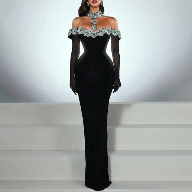 phoenix marie black dress Jovani 39957 Fitted Long Beaded Cape Formal Dress main image 1