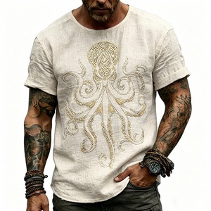 Pronta Consegna dalla Taglia S alla 3XL, T-Shirt Vintage Effetto Lino con Stampa Polpo Dorato, 140gsm, Asciugatura Rapida, Vestibilità Comoda Estiva, Maglietta Casual da Uomo - Product Image 4