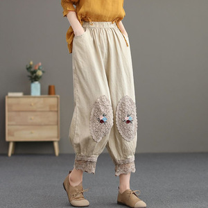 Harem Pants Cotton Linen Cropped With Lace Embroidery Floral Applique Women's Casual Pants Mid Waist Breathable Summer Style - Product Image 2