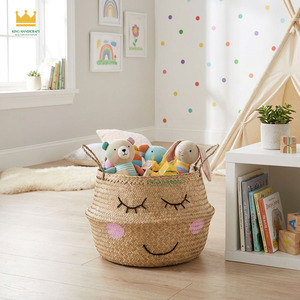 Cute Rattan Storage <b>Basket</b> With Handles Embroidered Face For Children's Toy Organization <b>Cheap</b> Price - Product Image 5