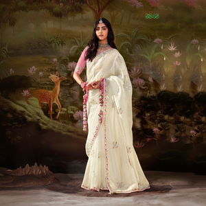 Saree de seda de diseñador, tejido de vidrio suave, borde bordado, estilo tradicional moderno, fiestas de boda, ropa de mujer de alta calidad - Product Image 1