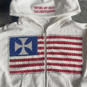 Sudadera con capucha con cremallera y logotipo personalizado de pedrería TKAN866, venta al por mayor, estilo urbano, de forro polar oversize, con gráfico de bandera y cruz brillante - Product Image 5