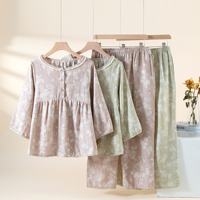 Ensemble de pyjama en lin et coton pour femme | Jacquard teint en fil de chant fleur de prunier, col rond, manches 3/4, pantalon longueur cheville, 2 couleurs