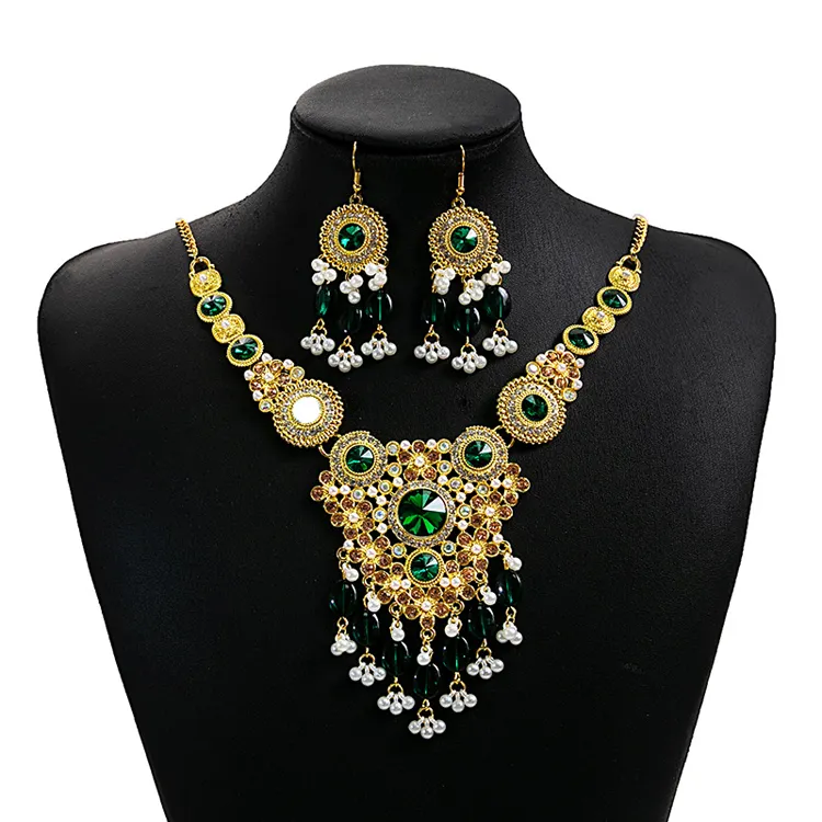Luxury palace style jewelry set retro shiny rhinestone crystal flower Pearl tassel necklace earrings for women