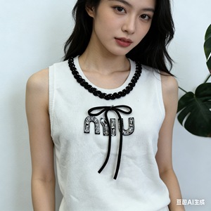 <span class=keywords><strong>Gilet</strong></span> en tricot <span class=keywords><strong>blanc</strong></span> élégant orné de strass pour <span class=keywords><strong>femme</strong></span>, haut <span class=keywords><strong>sans</strong></span> manches à col noué et perles, style preppy de luxe - Product Image 6