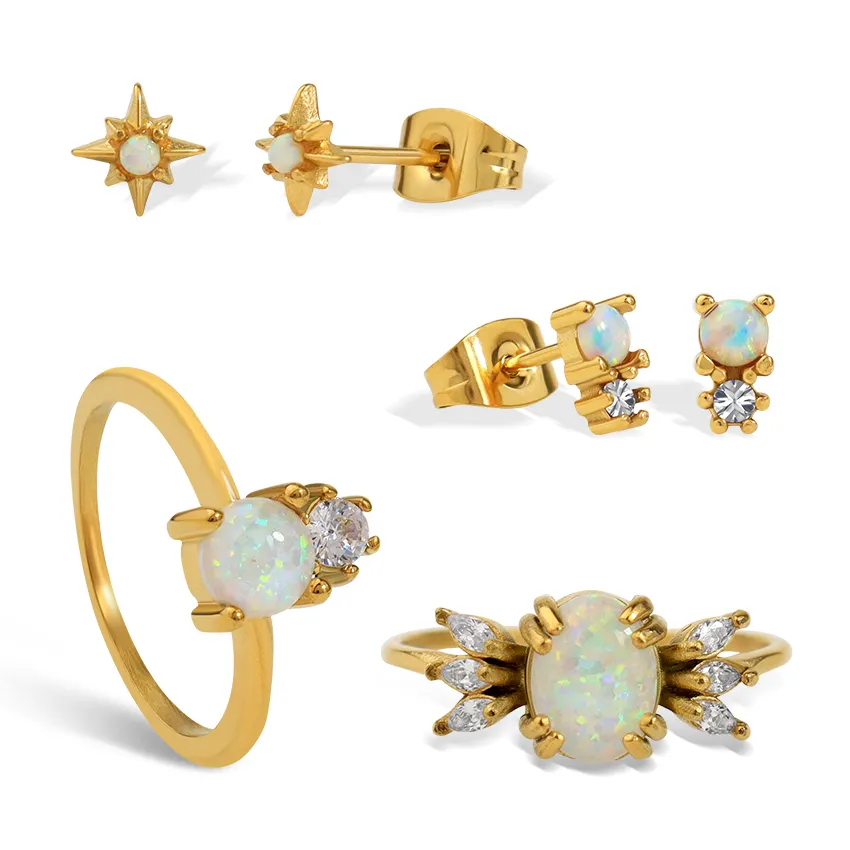 Luxe Opaal Sieraden Set Edelsteen Ontwerpen Rvs Cz Star Opal Stud Oorbellen Sierlijke Stapelbare Witte Opaal Ring