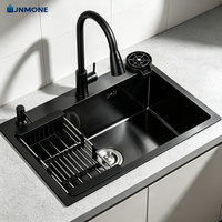 Fregadero de Cocina de Acero Inoxidable 304 Negro Nano, Fregadero Individual Hecho a Mano con Grifo Extraíble y Accesorios Completos