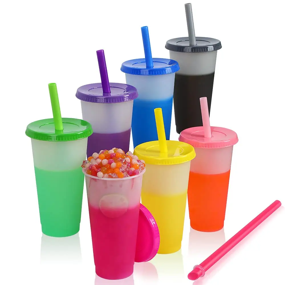 24oz Reusable Cold Iced Coffee Drink Water Tumblers Color Changing Plastic Cups with Lids and Straws