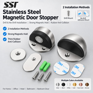 Butée de porte magnétique sans perçage en acier inoxydable, fixation au sol avec pare-chocs en caoutchouc, double fixation pour maison, hôtel, bureau, chambre - Product Image 1