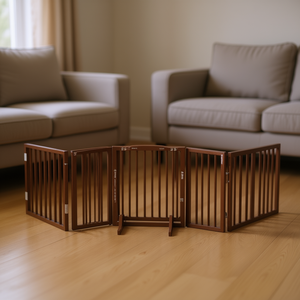 Brown Poplar Wood Dog Gate 126-Inch Total Length Pet <b>Pen</b> Set Of <b>4</b> Indoor Modern Push Up Closure - Product Image 2