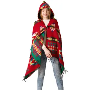 Manta Bohemia con estampado Azteca para mujer, Poncho con capucha, capa, chal con borlas