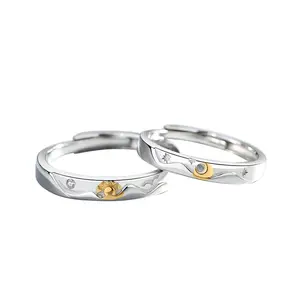 Anniversary Golden Custom Classic Round Band Sun Star Crescent Moon 925 Sterling Silver Adjustable Couple Ring