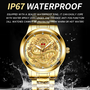 Luxury Fngeen Embossed Golden Dragon Stainless Steel Men's Quartz Movement <b>Waterproof</b> Quartz Wrist <b>Watch</b> Diamond-encrusted Red - Product Image 4