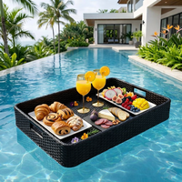 Plateau flottant rectangulaire de luxe pour hôtel, villa, bord de piscine, petit-déjeuner et goûter, en osier tressé à la main, forme de bateau, table en rotin