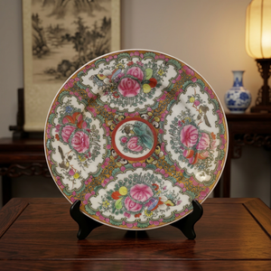 Plato Decorativo <span class=keywords><strong>de</strong></span> <span class=keywords><strong>Porcelana</strong></span> <span class=keywords><strong>China</strong></span> Antigua Hecho a Mano con Medallón <span class=keywords><strong>de</strong></span> Rosas, Patrimonio Cultural Intangible Internacional, Decoración para el Hogar, Rosa <span class=keywords><strong>Canton</strong></span> - Product Image 1