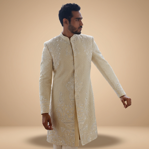 BEAUTIFUL DESIGNER ZARI HEAVY EMBROIDERY on GROOM SHERWANI,<b>PANT</b> & TURBAN WITH EMBELLISHED CRYSTAL GLASS BEADS,DABKA WORK=2024 - Product Image 4