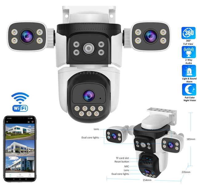 2.4Ghz Wi-Fi 3MP 1080P Multi-lens Camera Auto Tracking AI Human Detection Outdoor Waterproof PTZ 4G IP Network Security Camera