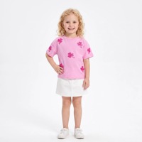 Mädchen-Blusen aus Baumwolle, Kinderkleidung, Rosa Kleeblatt-Chenille-Aufnäher, Rundhals-Kurzarm-Freizeitshirt, Boutique-Großhandel