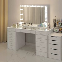 Station de maquillage pour salon de beauté, moderne, modulaire, avec miroir éclairé par LED, en pin massif, écologique, table de toilette commerciale avec rangement amovible