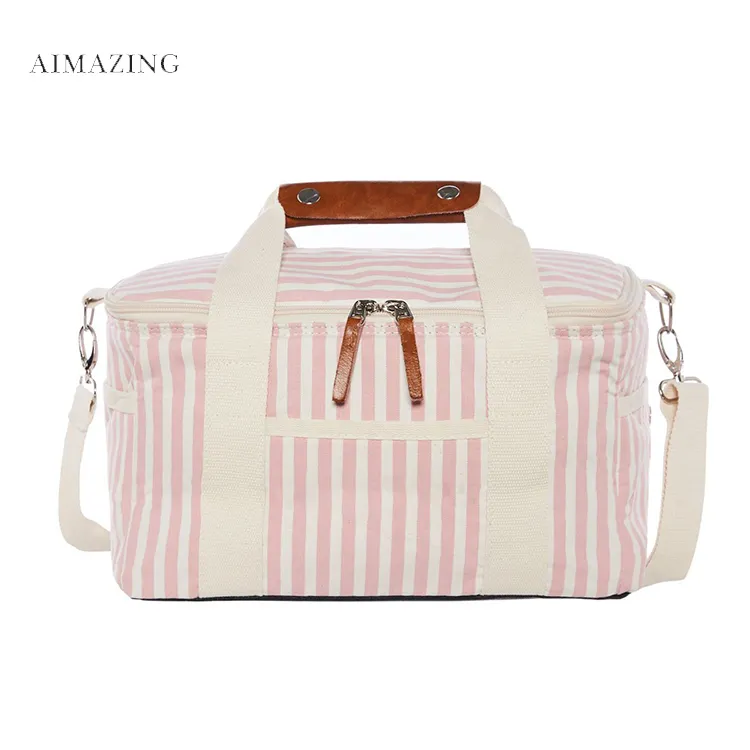 Bolsa de almoço isolada reutilizável, bolsa encantadora para praia para homens e mulheres, piquenique ou viagem com listras brancas e rosa