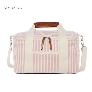 Bolsa de almuerzo reutilizable para hombres y mujeres, bolso de mano aislante para la playa, Picnic o viaje con rayas rosas y blancas