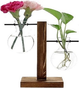 Vase à ampoule <span class=keywords><strong>moderne</strong></span> en verre Terrarium pour plantes de bureau avec support rétro en bois massif et support pivotant en métal pour plantes hydroponiques déco - Product Image 1