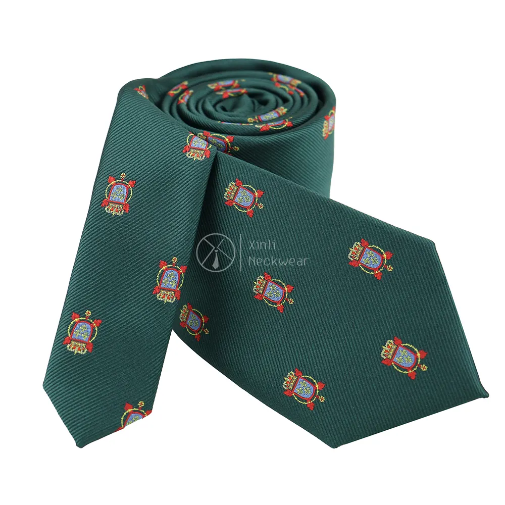 Manufacturer OEM Dark Green Polyester Woven Men Neck Ties Custom Panel Design Embroidery Logo Necktie