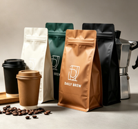 Sachet de café à fond plat avec logo personnalisé, valve et fermeture éclair, idéal pour l'emballage de grains de café torréfiés, café moulu, qualité alimentaire VMPET