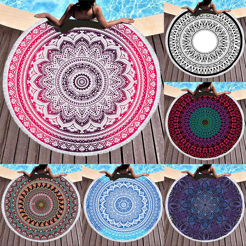 Пляжное полотенце из микрофибры с мандалой, круглый коврик, абсорбирующее быстросохнущее одеяло с кисточкой, возможно нанесение логотипа на заказ