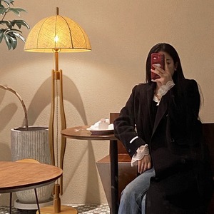 Handmade Oak Semi-Circular Floor Lamp Three-Color Adjustable <b>Light</b> <b>Pull</b>-String Switch Wabi-Sabi Style Vintage Caramel Color for - Product Image 1