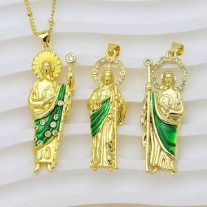 LS-D1141 Colgante de Latón Chapado en Oro con la Virgen María, Nuestra Señora de Guadalupe, Verde, con Circonita, Amuleto de San Judas, Joyería para Mujer y Unisex - Product Image 3