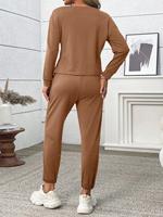 Ensemble deux pièces pour femme, haut à col rond à manches longues et pantalon de jogging à cordon de serrage, tenue de survêtement décontractée unie HX6479