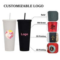 Gobelets personnalisés avec logo clouté, 24 oz, réutilisables, en plastique, pour café, vaisselle, gobelet à double paroi avec paille et couvercle